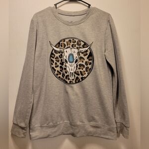 Gray Sweatshirt with Bull Skull and Leopard Print